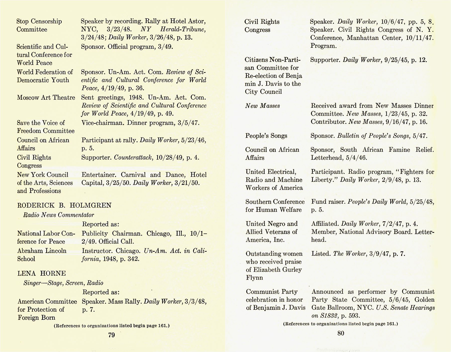 Lena Horne’s entry in Red Channels.