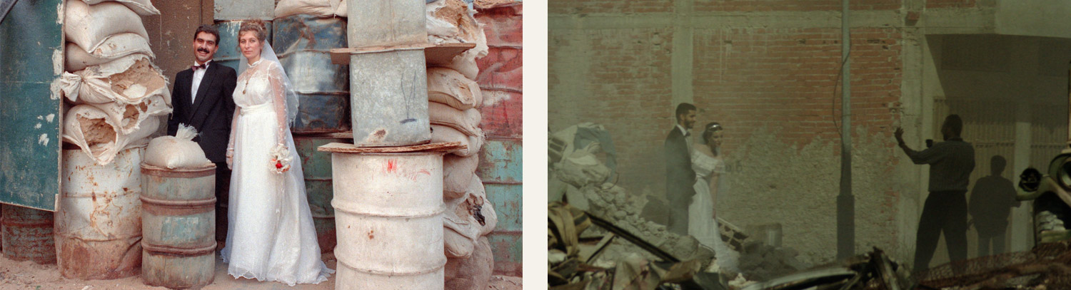 A real wedding photo taken in Beirut 1989 contrasted with a scene from the film <em>Beirut</em> A real wedding photo taken in Beirut 1989 contrasted with a scene from the film <em>Beirut</em>