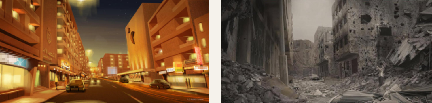Storyboards from Arad Sawat showing Beirut in 1970 (l) and 1980 (r) Storyboards from Arad Sawat showing Beirut in 1970 (l) and 1980 (r)