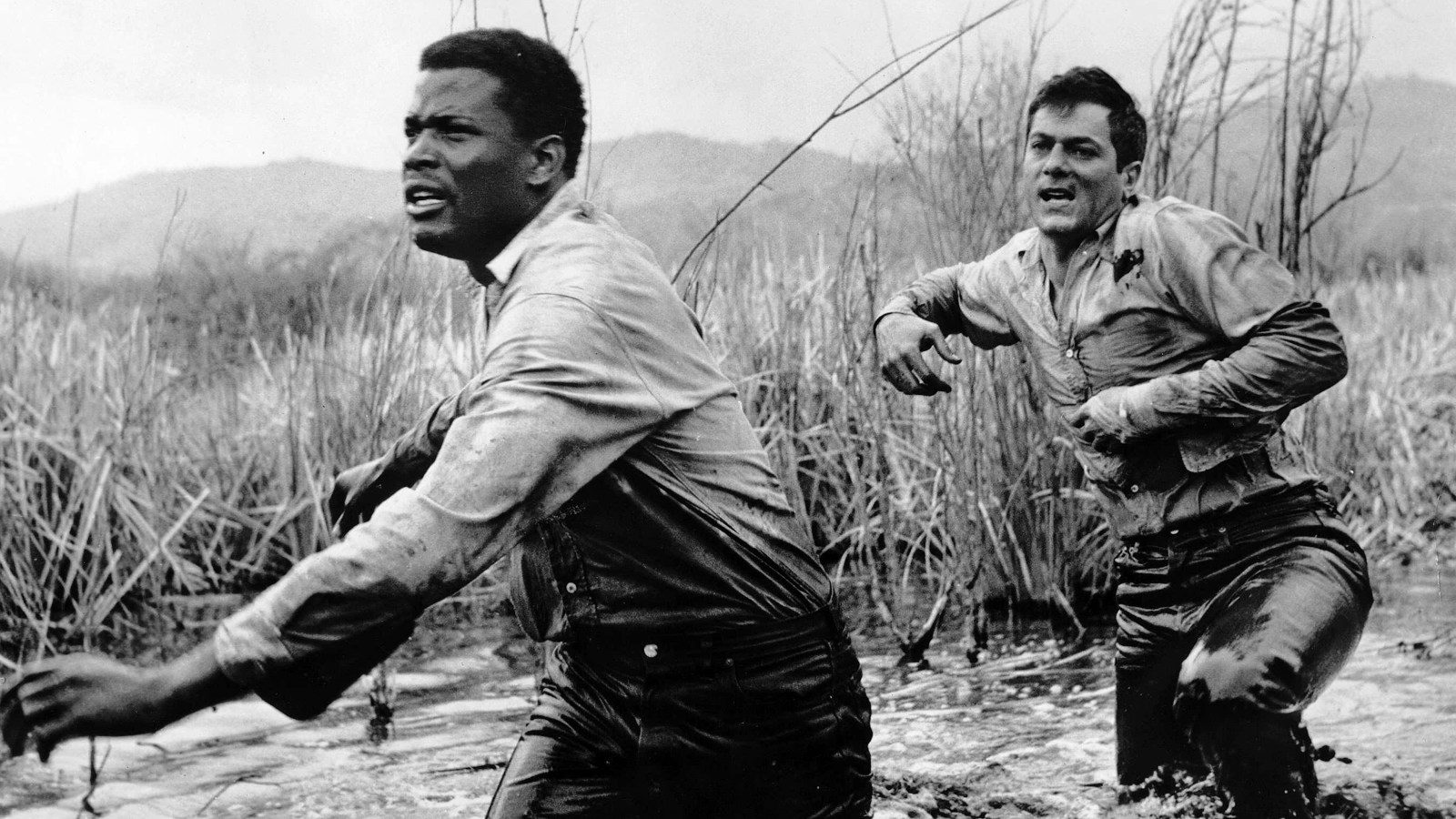 Sidney Poitier and Tony Curtis are on the run in	<em>The Defiant Ones</em>